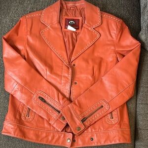 MARC MATTIS Burnt Orange Motorcycle Style Whipstitching Leather Snap Jacket Sz M